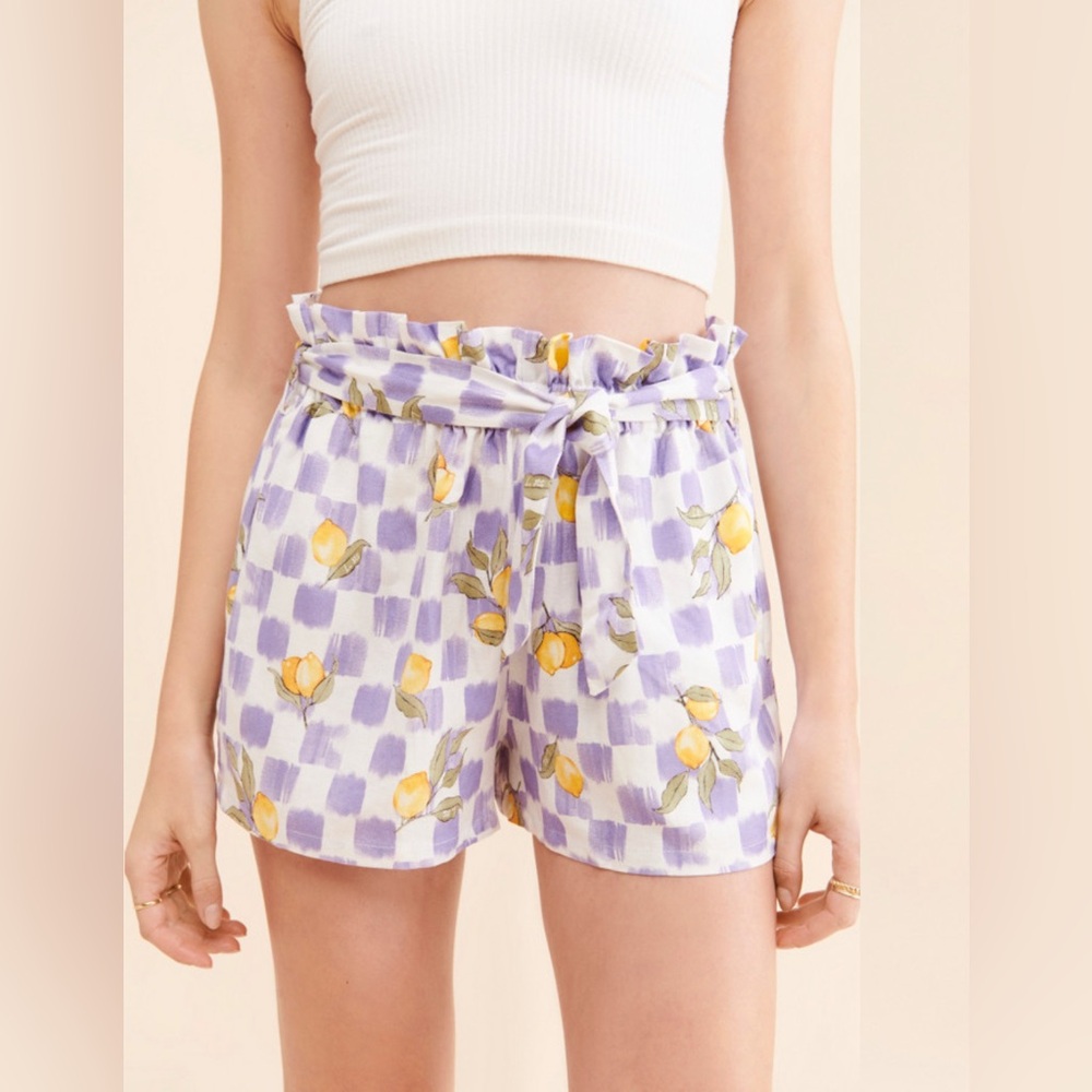 Anthropologie La Porte Lemon Print Paperbag Waist Shorts - Size Large